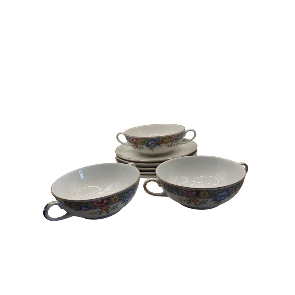 Hutschenreuther Selb Bavaria Floral double handle Soup Bowls and Saucers Germany